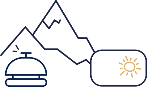 Ein Glockensymbol vor Bergen neben einem Rechteck mit einer Sonne