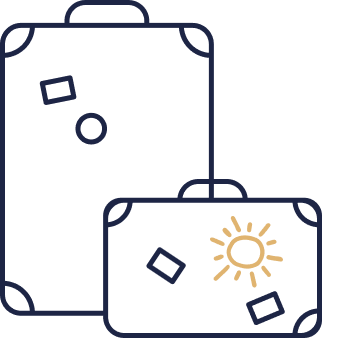 Zwei stilisierte Koffer, einer mit einem Sonnensymbol